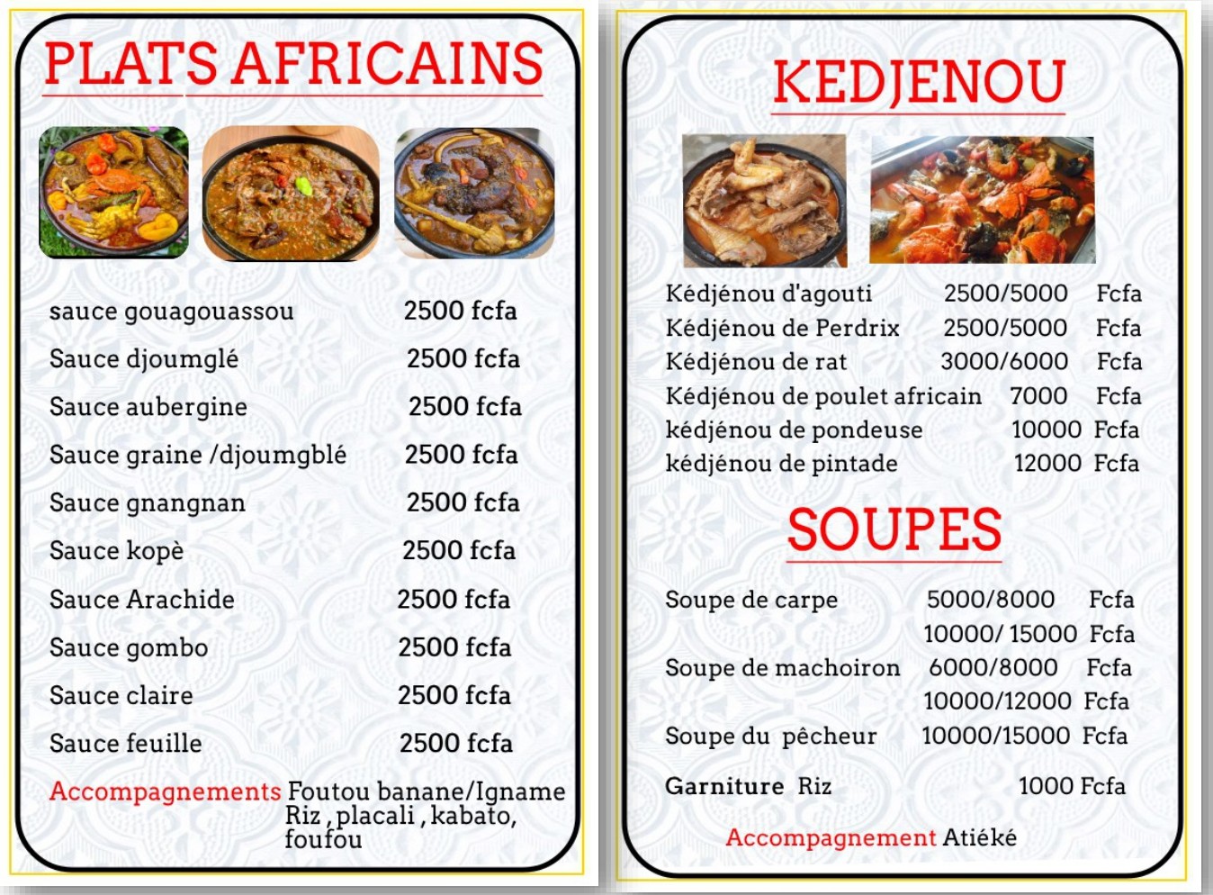 Plats Africains & Kedjenou - Menu Boognak