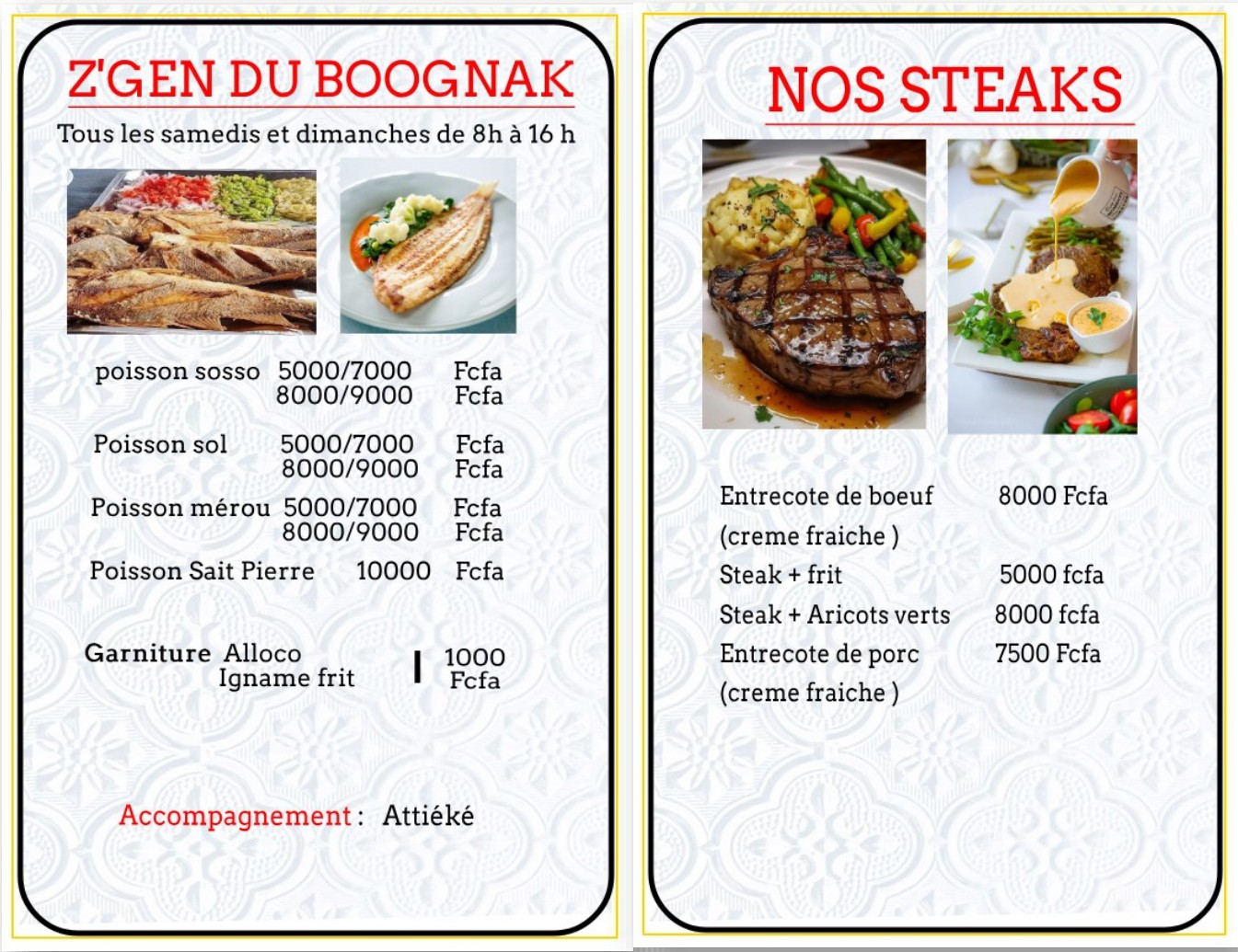 Z'gen du Boognak & Steaks - Menu Boognak