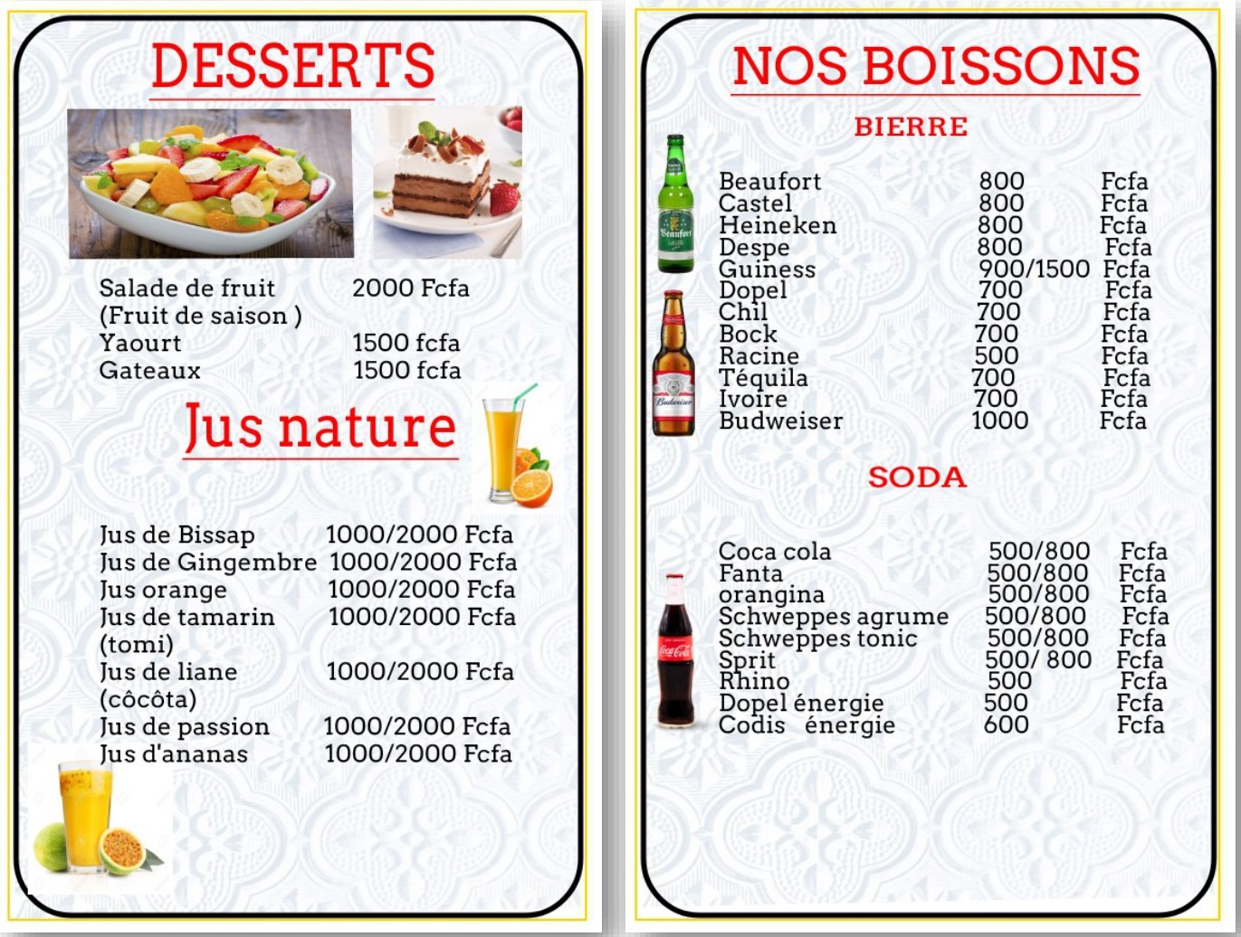 Desserts & Boissons - Menu Boognak